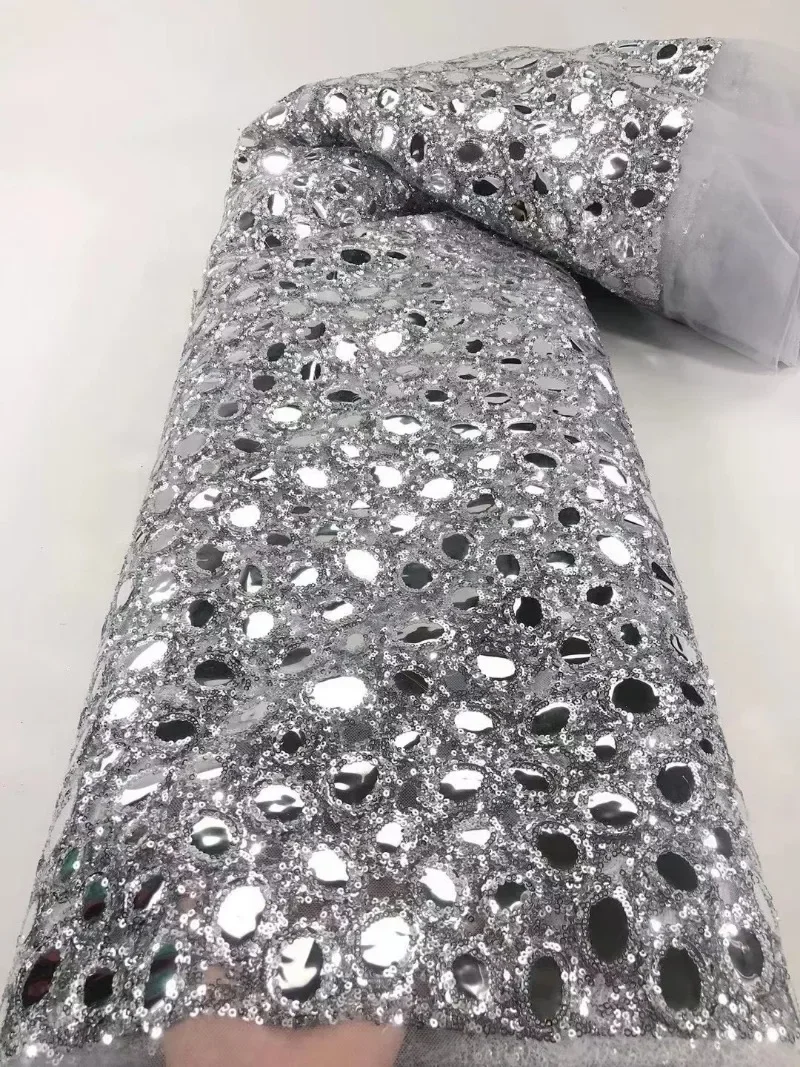 Shiny Silver Sequin Fabric Geometric Pattern Artificial Lace Fabric Clothing Wedding Dress Designer Wide 130cm Sold By Yard