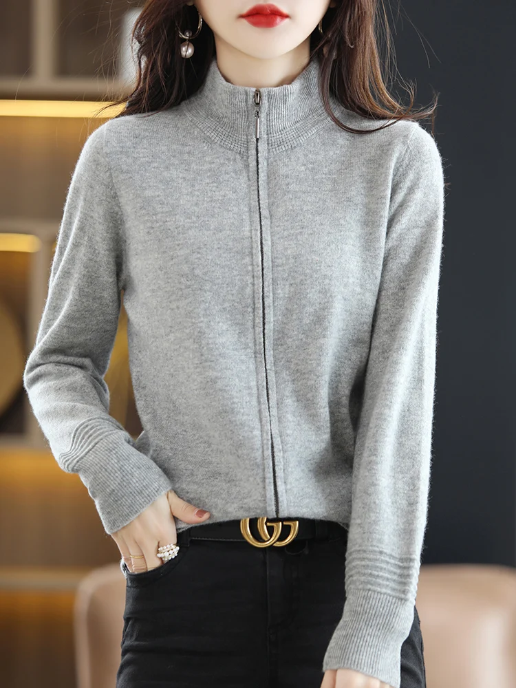 

New Chic Zipper Cardigan Women 100% Merino Wool Sweater Autumn Winter Long Sleeve Casual Cashmere Knitwear Korean Fashion Coat