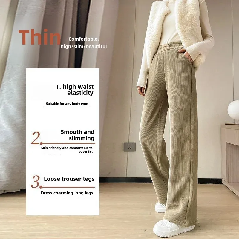 Women's Autumn Winter Fleece-Lined Bell Bottom Corduroy Pants Thickened Casual Straight-Leg Trousers Outerwear