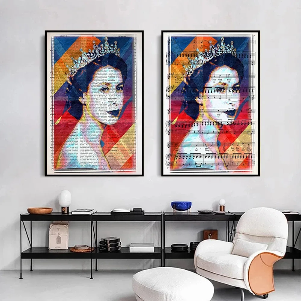 ملصقات بورتريه عتيقة لديكور المنزل ، طباعة بورتريه بريطانية ، الملكة الثانية ، إليزابيث ، لوحات قماشية ، قاموس ، فن جداري مشهور ، صورة #3