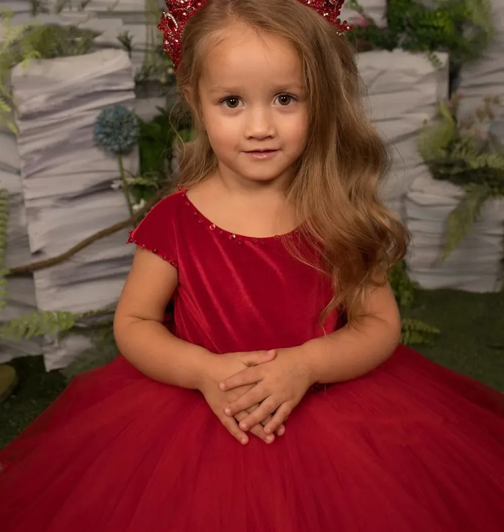 

Red Flower Girl Dresses for Wedding With Bow Floor Length Baby Girl Prom Gown for Photoshoot First Communion Gown Customized
