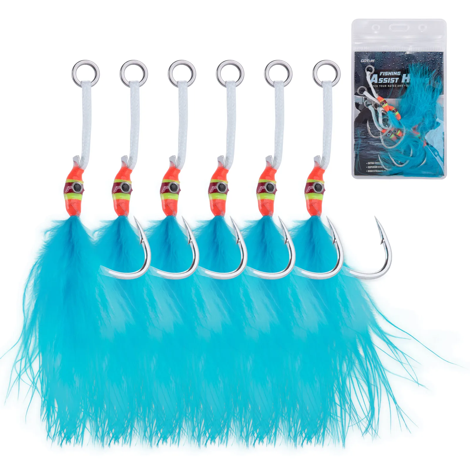 Goture 6pcs/set Carbon Steel Single Hook 1/0 2/0 3/0 4/0 Strong Fishing Hook Spoon Hook with Bright Blue Feathers Fishing Tackle