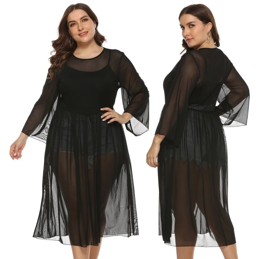 

Large size women's clothing sexy perspective mesh pleated skirt flared sleeves and waist mid-long blouse dress 1419