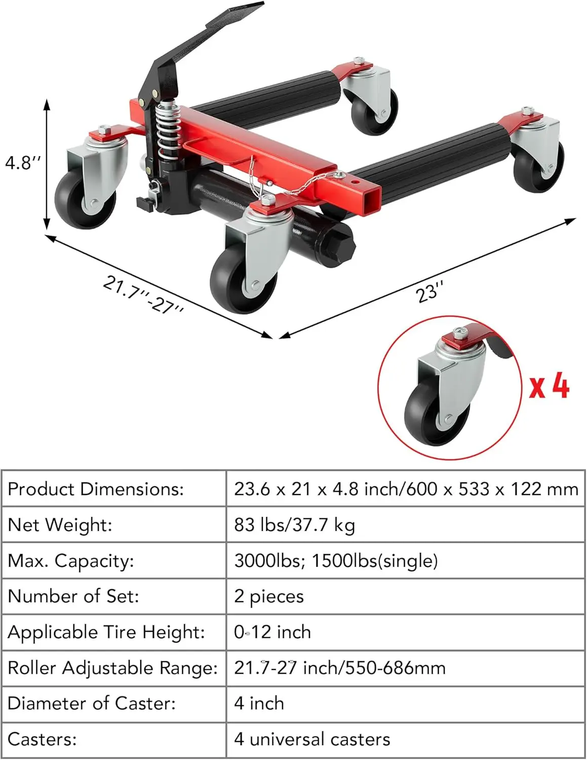 1 Pair Red Steel Hydraulic Mobile Tire Jack Hydraulic Lift 1500Lbs (Single) With Foot Pedal Vehicle Positioning Jack Auto Moving