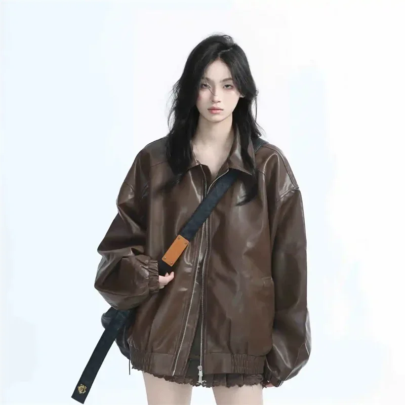 Brown Retro Girl Fashion Zipper Faux Leather Jacket Spring Autumn Women Long Sleeves Leather Coat 2025 Women PU Leather Outwear