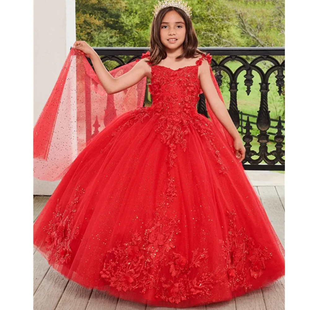 

Luxury Tulle Flower Girl Dress For Wedding Applique Puffy Shining Princess Birthday Party First Communion Ball Gown