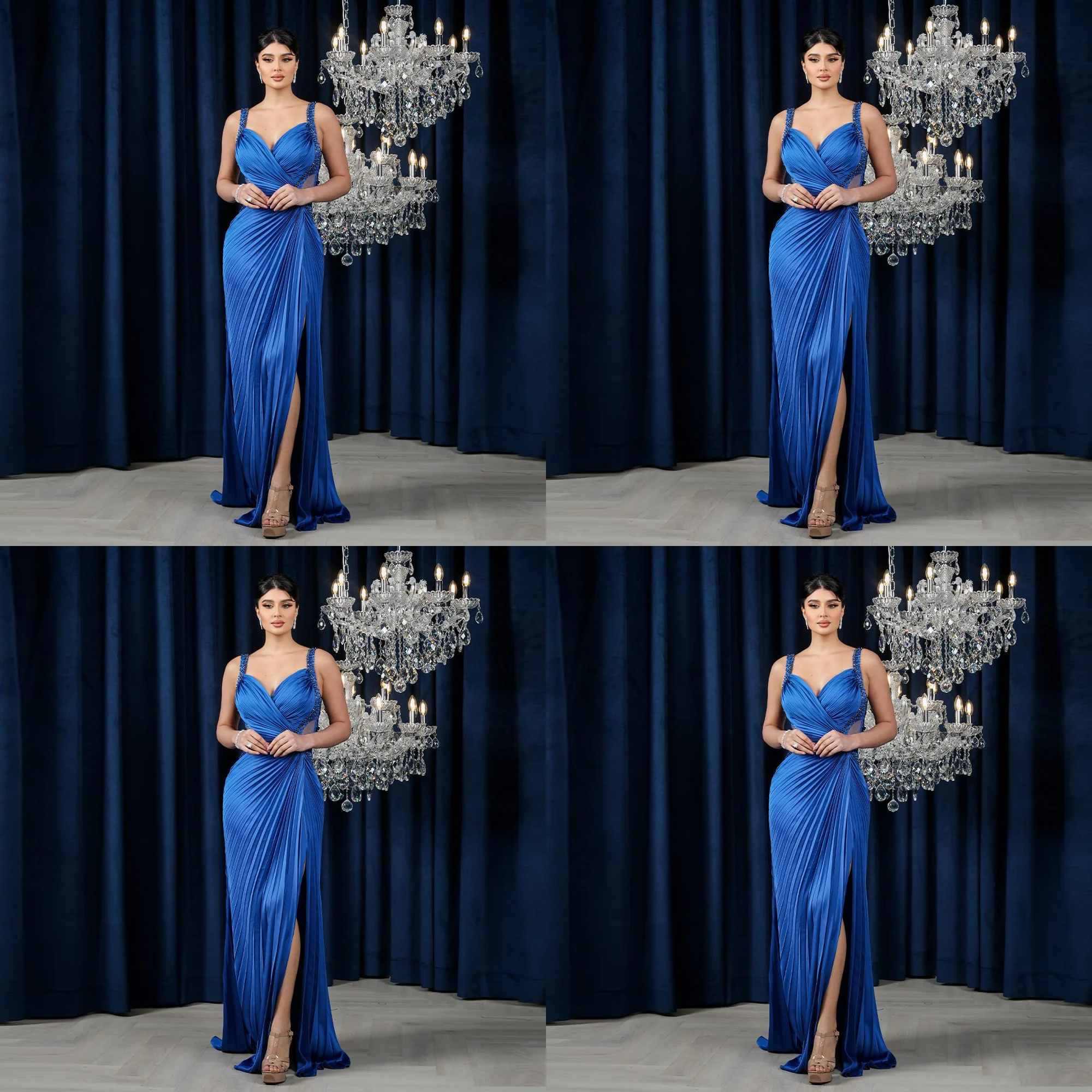 Robe de soirée plissée en Satin, bretelles Spaghetti personnalisées, longueur au sol, dos nu, robe de bal en cristal perlé avec cour