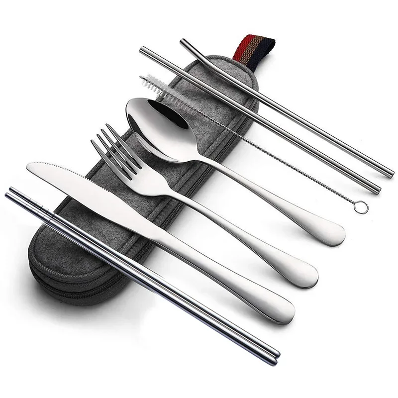 Portable Travel Cutlery Set Stainless Steel Fork Spoon Knife Straw Set Reusable Taleware Utensils With Cake Camp Kitchen Utensil