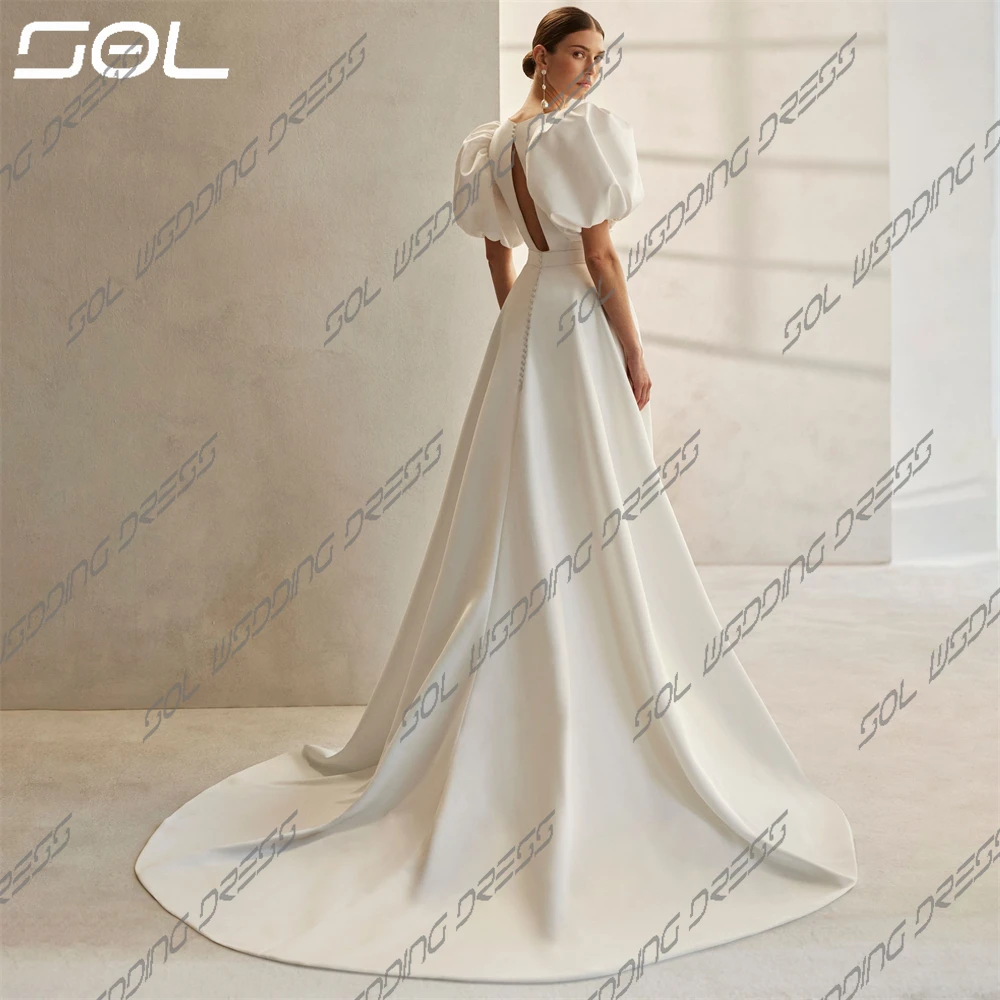 SOL-Robe de mariée en satin à manches bouffantes et col en V plissé, simple, dos nu, train de balayage, patients, sexy, sur mesure