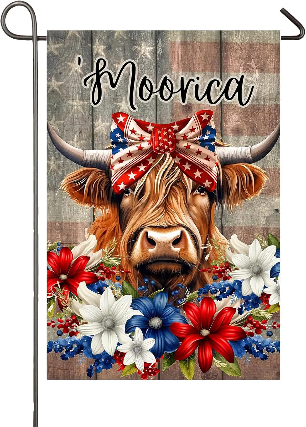 Patriotic Highland Cow Garden Flag for Outside 4th of July Decorations 12x18 Inch Double Sided Moorica Floral American Farm Cow