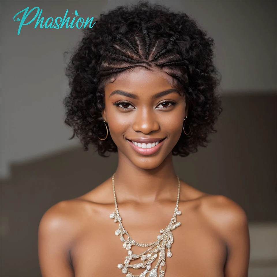 Phashion Short Cornrow Wigs 8 Inches Kinky Curly Afro Braided Wig 13x4 Lace Frontal Braiding Human Hair for Women Wear And Go