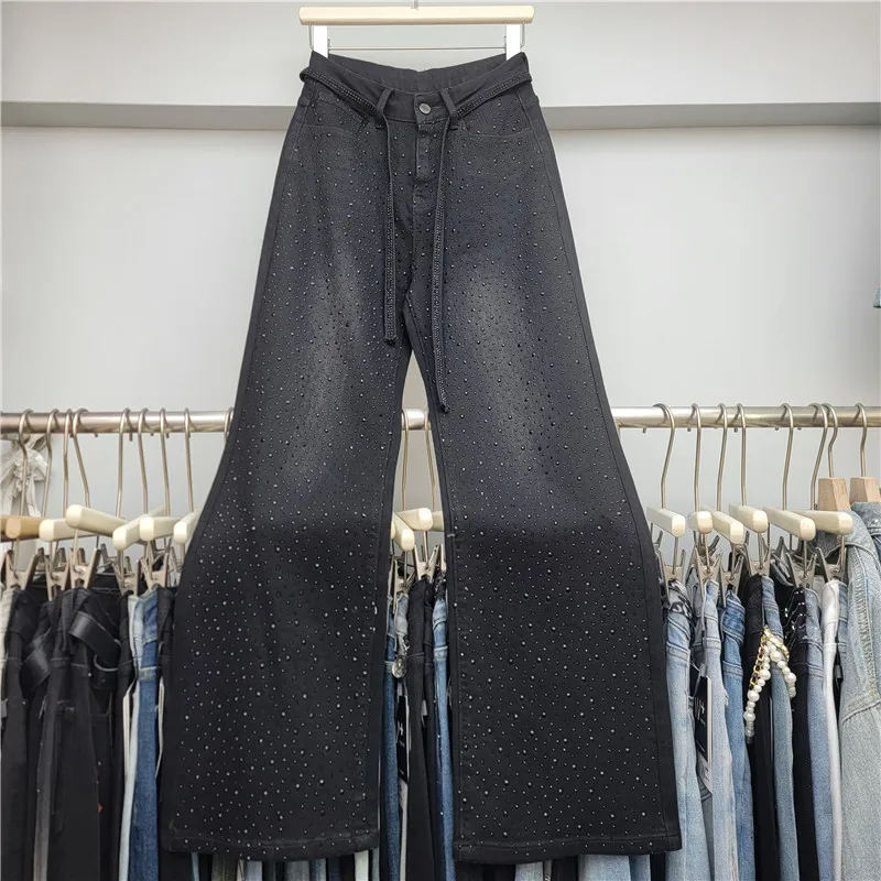 Diamond Drape Jeans Women's 2025 Spring and Autumn New Loose Wide-leg Design Fashion Straight Floor Pants Black Women Jeans