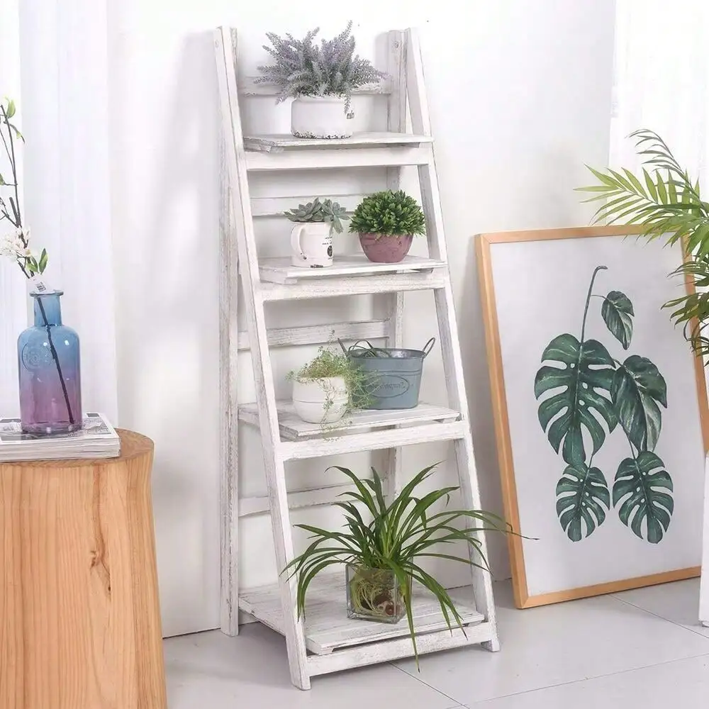 4-laags opvouwbare plantenstandaard houten ladder bloempot displayrek voor binnen en buiten