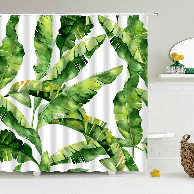 3d Printed Green Tropical Plants Shower Curtains Bathroom Waterproof Polyester Leaves      Screen