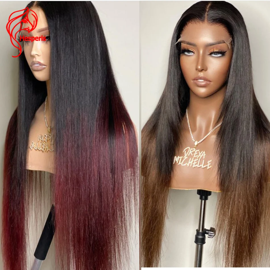 Hesperis Colored 1b/99J Lace Front Human Hair Wig Brazilian Remy Silk Straight Ombre Lace Wigs 1B/Brown Pre Plucked For Women