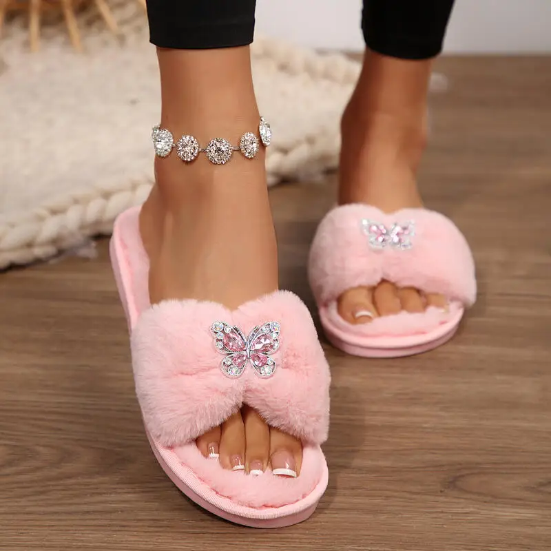 Luxury Glitter Butterfly Decoration Furry Slides Women 2025 Winter Warm Short Plush Indoor Slippers Soft Flat Heel Fur Slippers