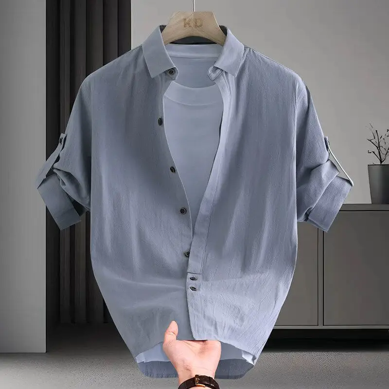 반팔 셔츠 남성 여름 블루 얇은 통기성 캐주얼 다용도 셔츠 남성 단색 중간 소매 셔츠