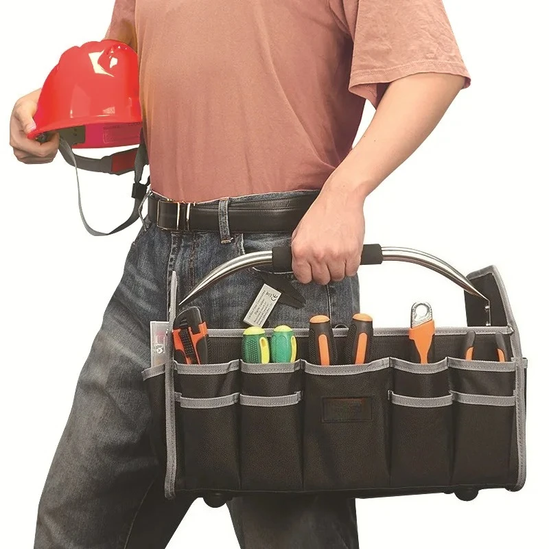 14in Heavy Duty Oxford Cloth Handheld Iron Tube Tool Bag Multifunctional Large Capacity Electrician Tool Kit Woodworking Handbag