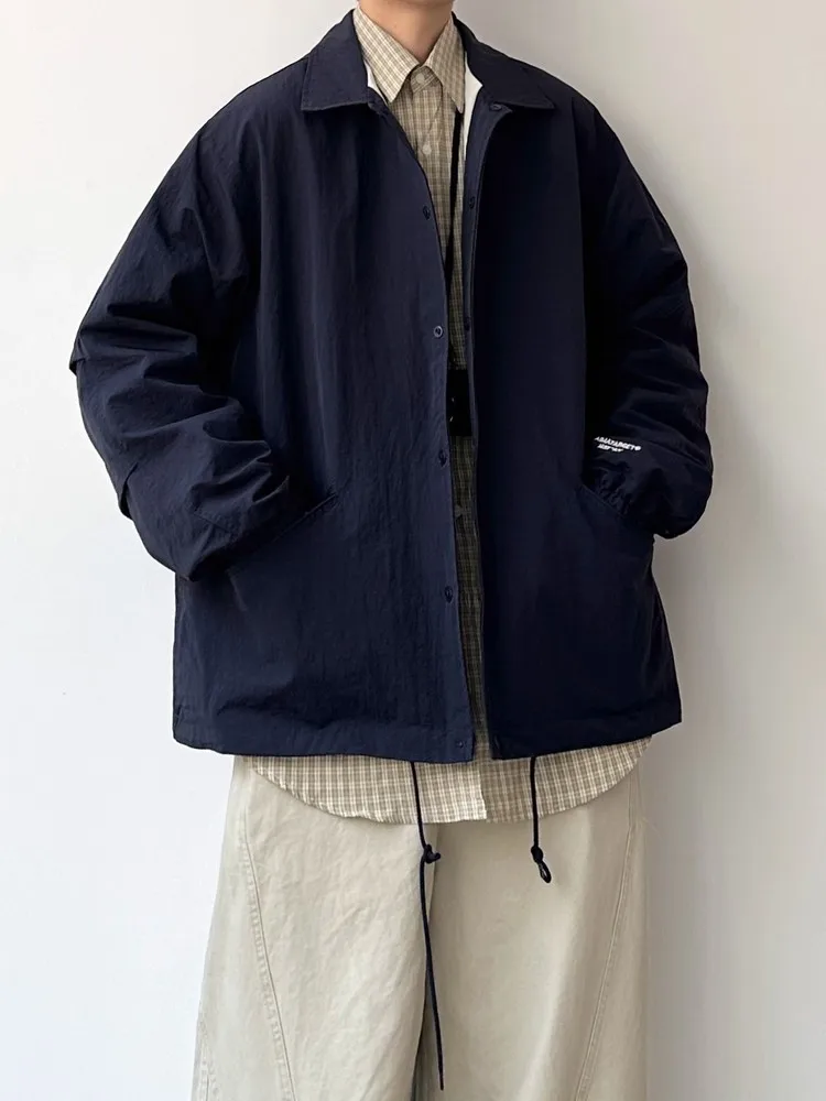 Retro Japanese Style Cityboy Loose Casual Collar  Jacket Unisex Pure Color Spring Autumn Workwear Outerwear