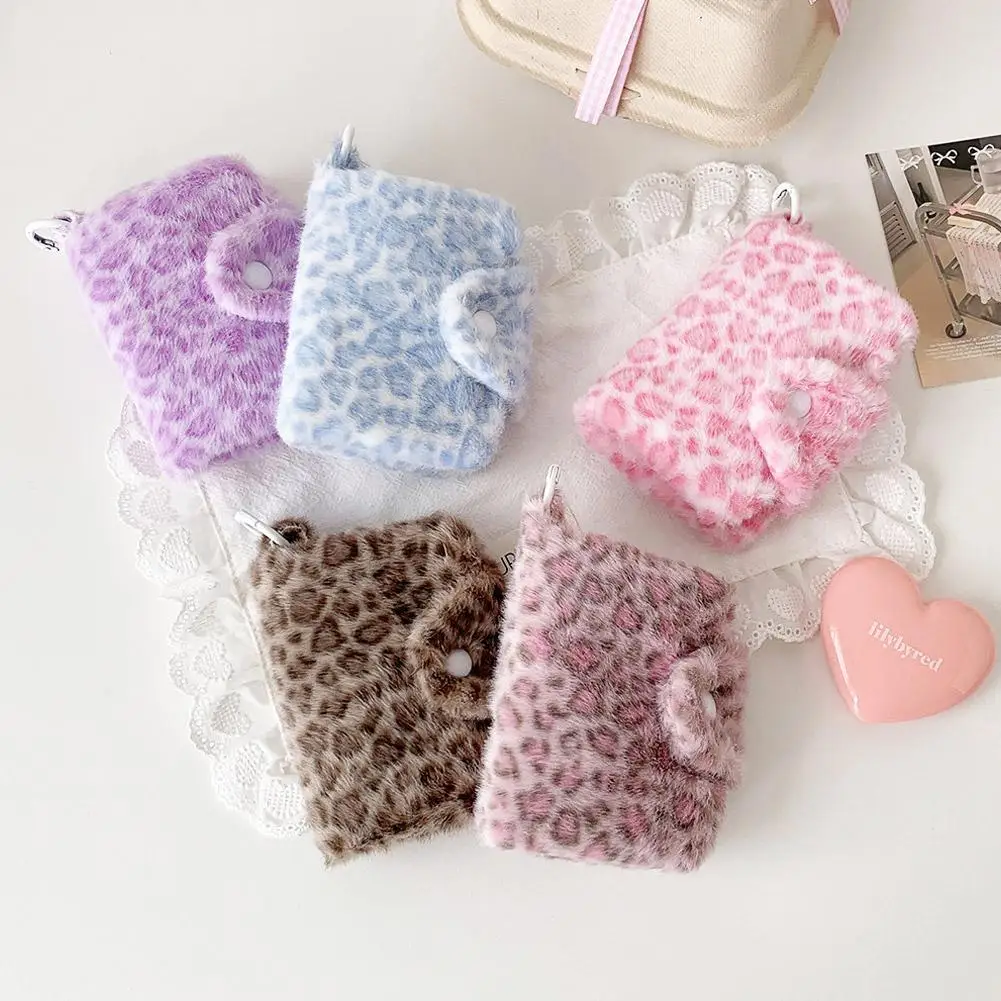 Leopard Print Coin Purse Plush Snap Closure Mini Wallet for Girls Portable ID Card Holder Coin Bag Small Clutch Pocket Wallet