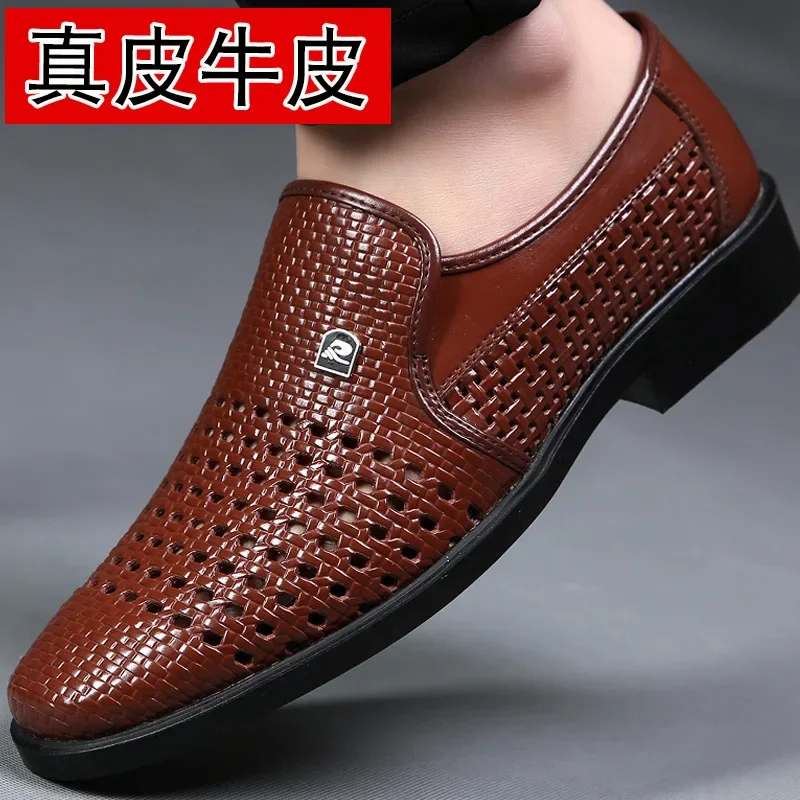 Genuine leather men\'s sandals leather shoes summer leather holes breathable hollowed out white business dress casual shoes