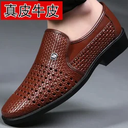 Sandales en cuir véritable pour hommes, chaussures d'été en cuir, trous respirants, évidés, robe d'affaires blanche, chaussures décontractées