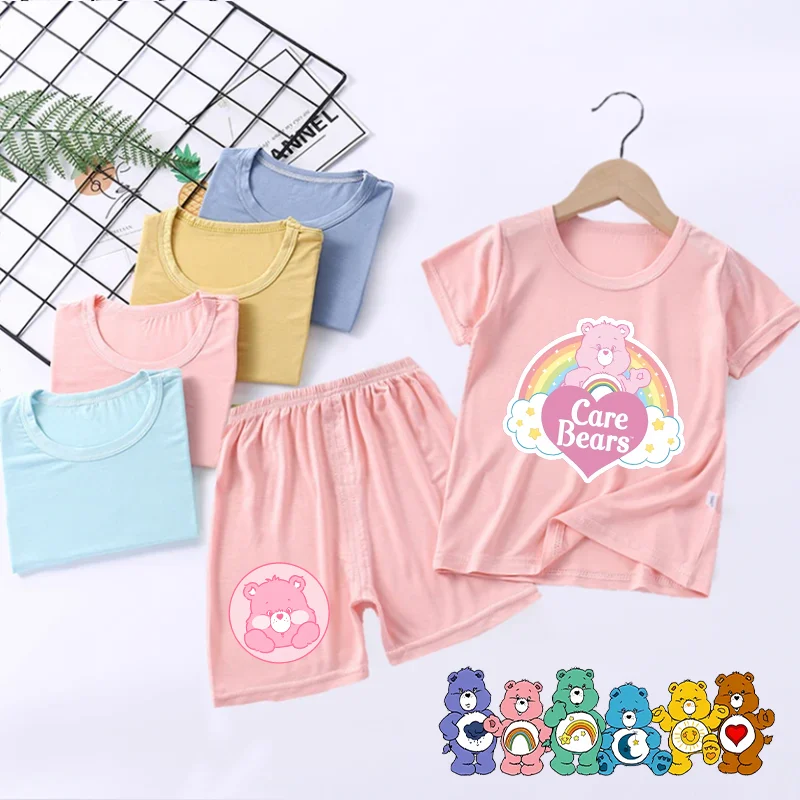 Care Bears 2 ชิ้นกางเกงสูทเสื้อผ้าฤดูร้อนแขนสั้นชุดนอนเด็กบางสาวอากาศเด็กเครื่องปรับอากาศเสื้อยืด HomeBaby ของขวัญ
