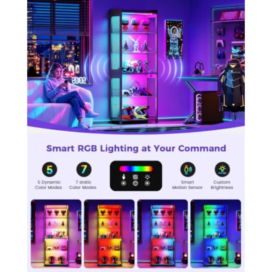 5-Tier Display Case with Glass Shelves and LED Lights view 4
