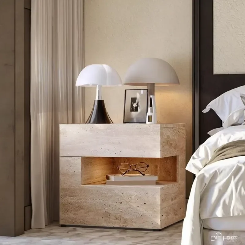 Modern Natural Italian Minimalist Bedside Table with Smart LED Lamp Floating Wooden Design 2 Drawers for Hotel Apartment Use