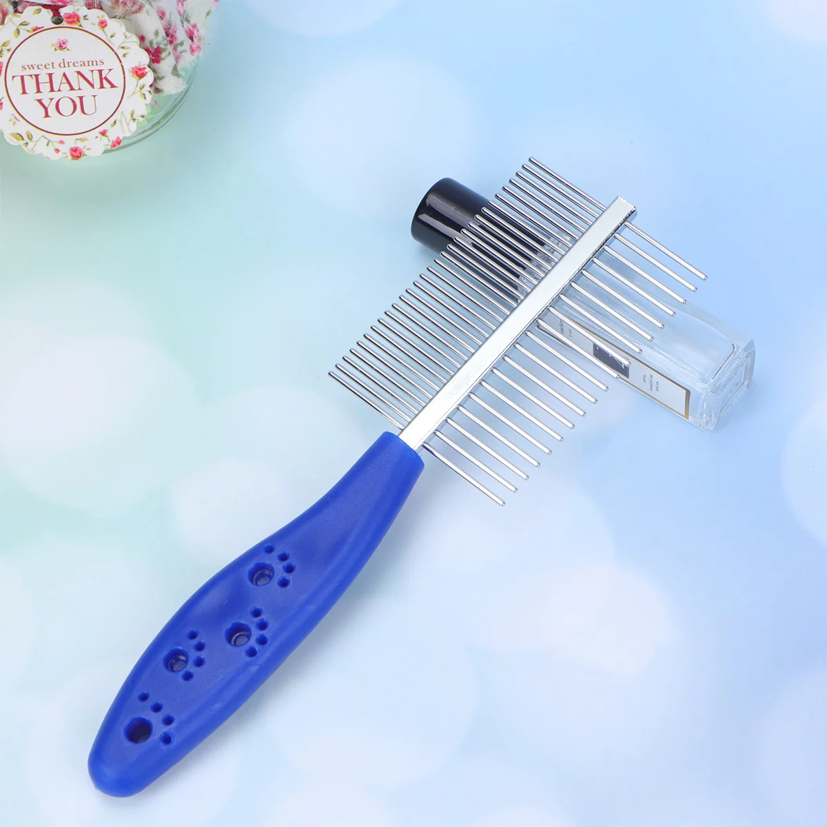 

Pet Grooming Comb Stainless Steel Double Row Anti-Skid Handle Lightweight For Tangle Mat Cleaning Massage Blue Dog