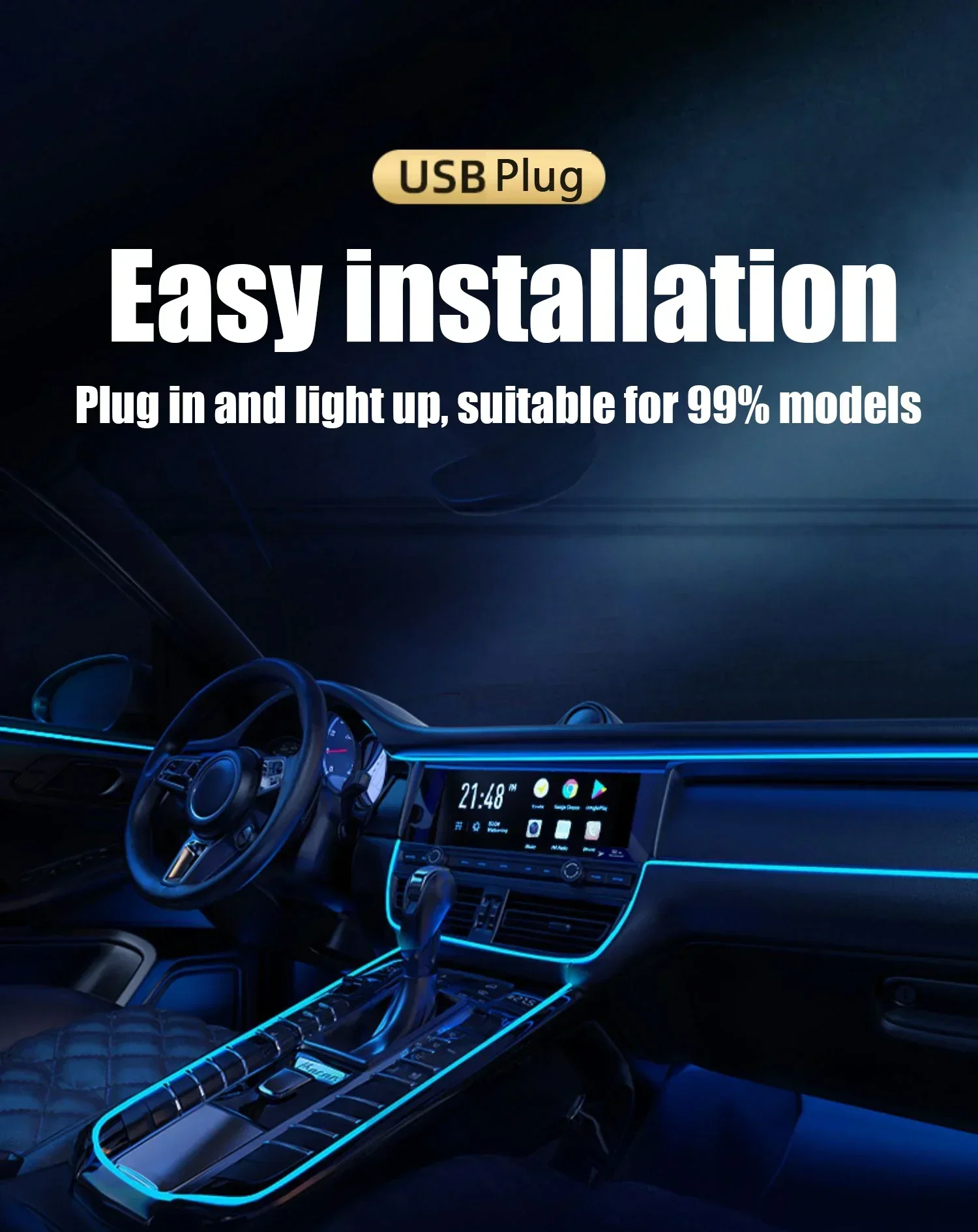 Car Interior Decorative LED Neon 1M/3M/5M  Lamps Strips USB Drive For DIY Decorative Dashboard Console Ambient Light Cold Light