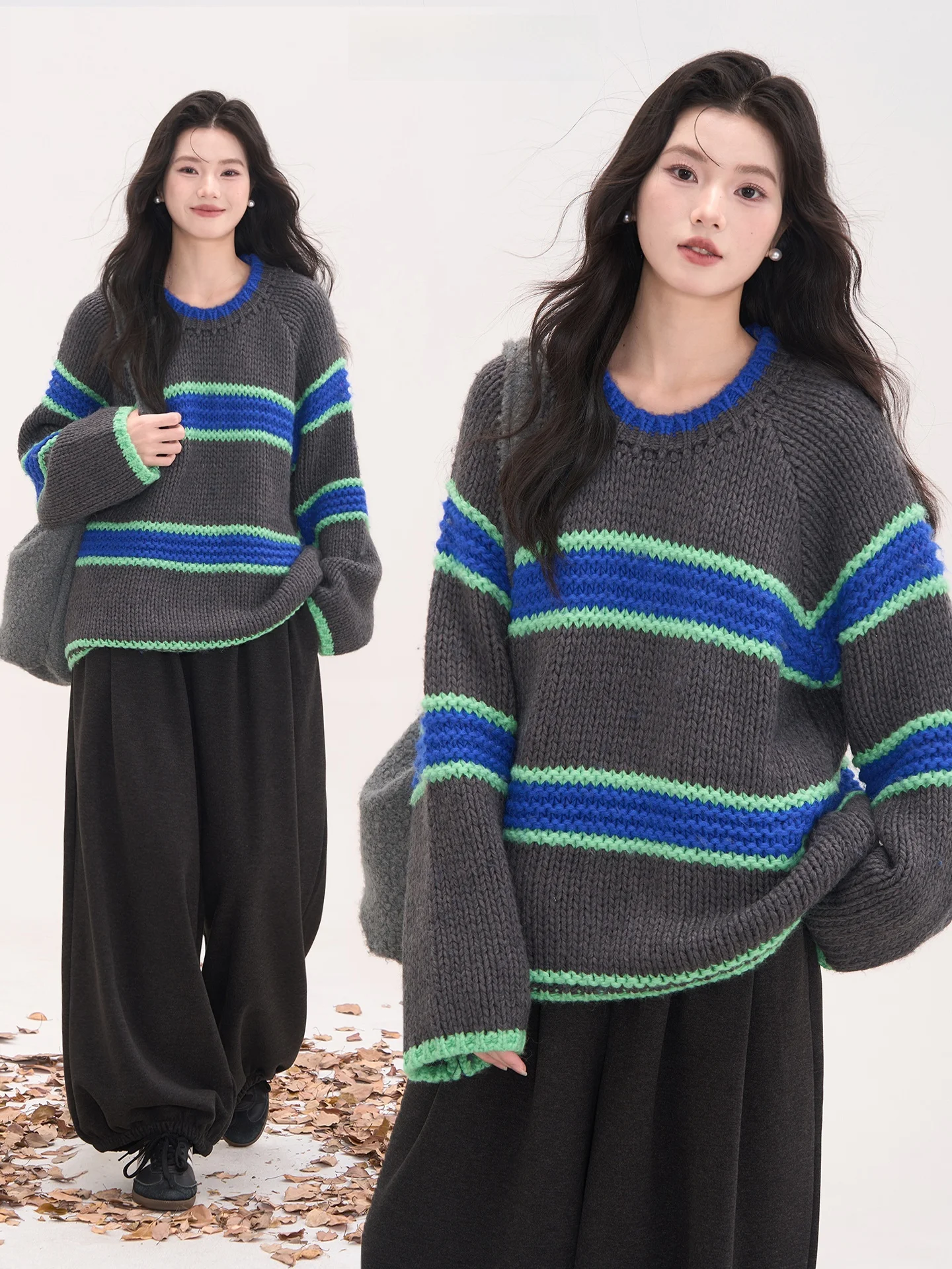 

Женский шерстяной вязаный свитер Heme 20: осенне-зимний, с круглым вырезом, в полоску, крупной вязки, теплый, для повседневной носки