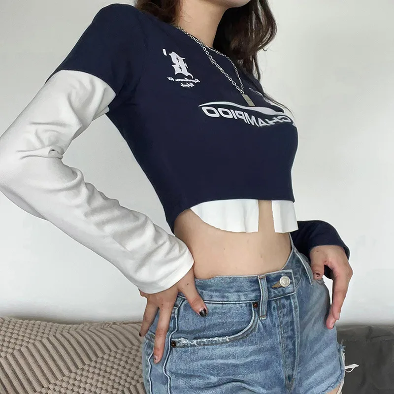 Blue Fake Two Short T-Shirts Street Fashion Y2k Long-Sleeved Navel Crop Top Female 2024 Casual Trend Tee Spring Women\'s Clothing