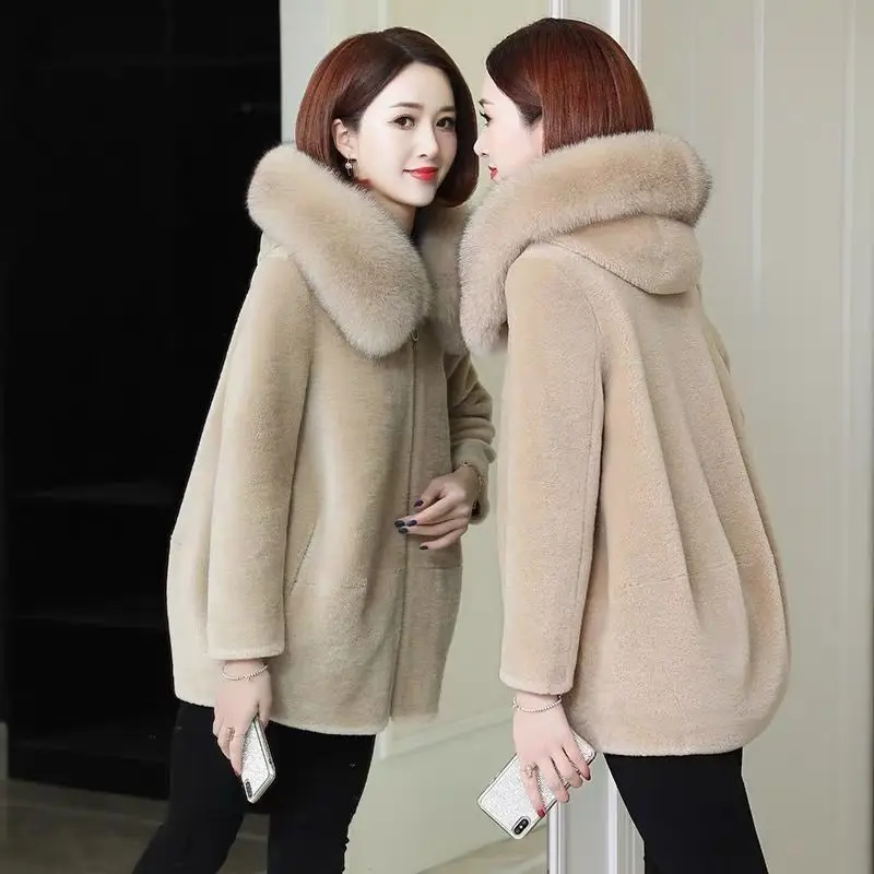 Winter New Women Faux Fox Fur Coat Lamb Wool Thicken Warm Outwear Loose Casual Hooded Parkas Fashion Solid Color Outcoat 2023