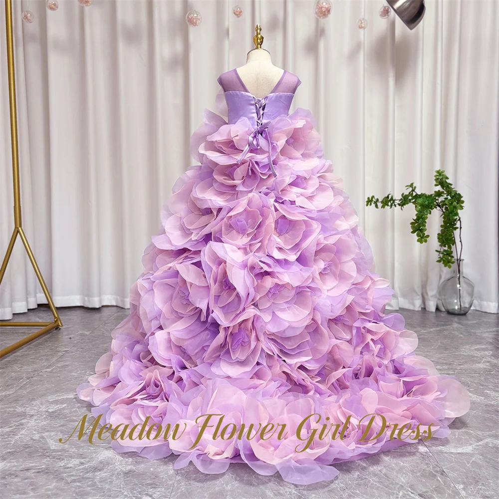 Meadow Taro Purple Princess Girls Dress Round Neck Sleeveles First Communion Gown 3D Large Ros Children Birthday Wedding Dresses