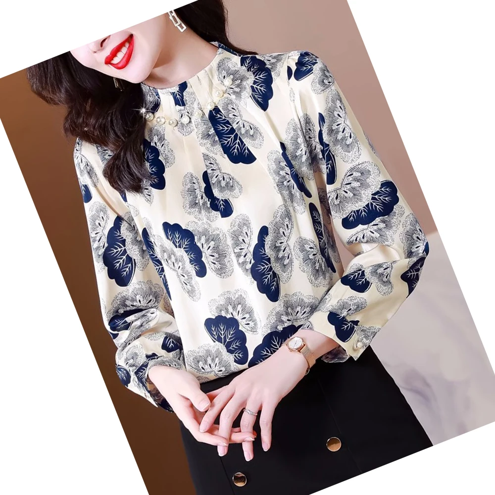 Fashion High Quality Women\'s Printed Blouses And Shirts Long Sleeve 2024 Autumn Tops Elegant Korean Style Beaded Casual Clothing