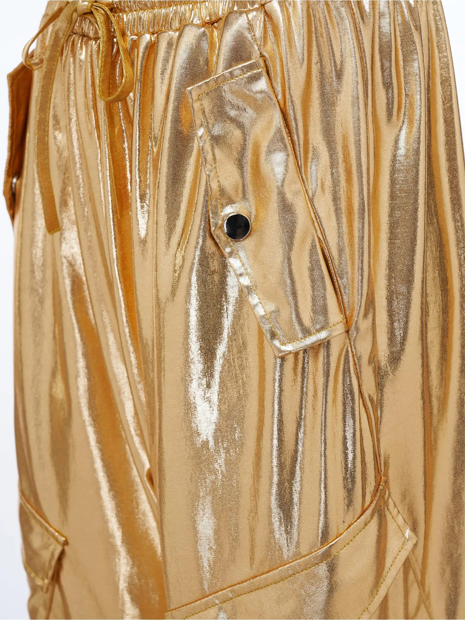 Womens Metallic Shiny Cargo Pants Ruffled Trim Multi-pockets Jogger Trousers for Music party Hip Hop dance Stage performance