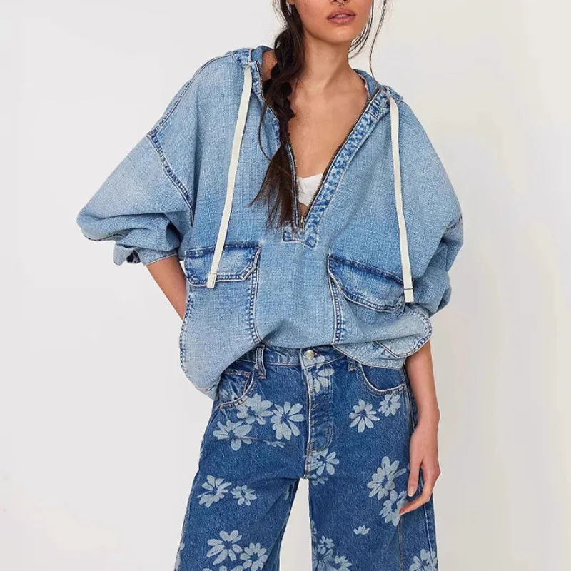 

Casual Washed Hooded Denim Long Sleeve Top Women's Autumn New Fashion Loose Half Zipper Design Multiple Styles Hooded Sweatshirt