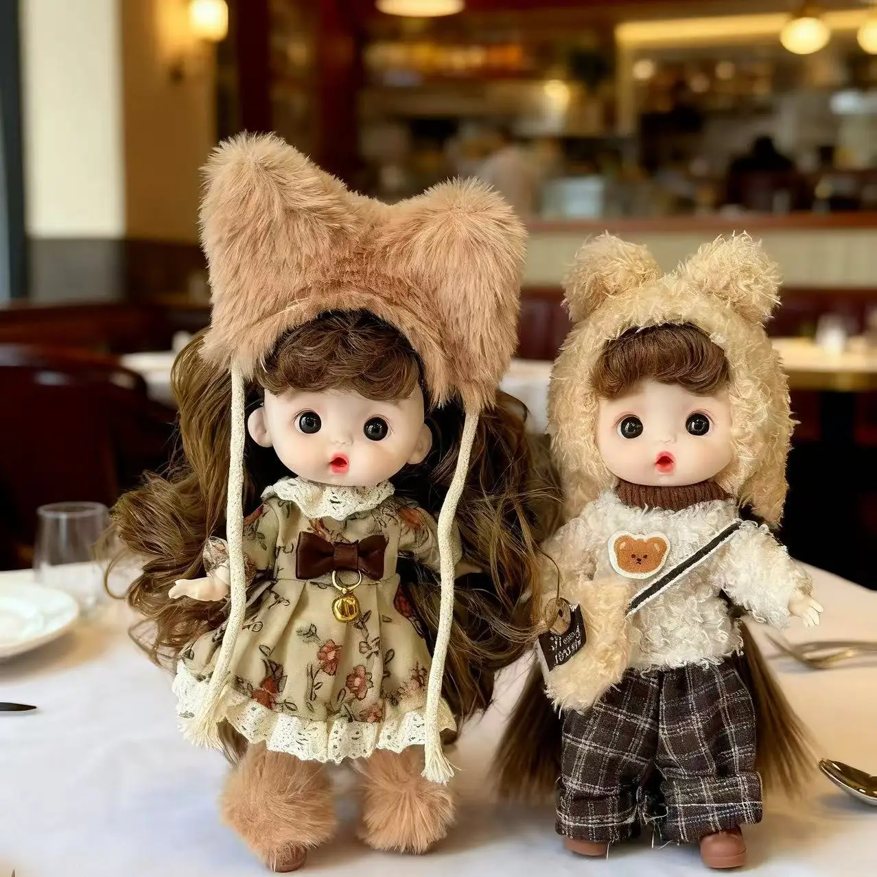 

Hot Selling Bjd Doll Dress Up Clothes Set Cute Rabbit Ear Accessories Pink Plaid Dress Simple Solid Color Blouse Jeans Set