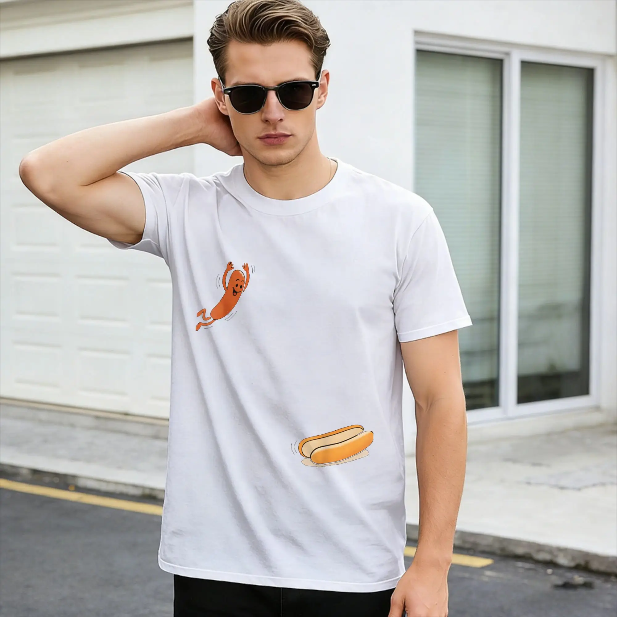 Funny Hot Dog Jumping Into Bun Sausage BBQ High Dive Cotton T-Shirt For Men Summer Hip Hop Tee Shirt Oversize Design Tops,