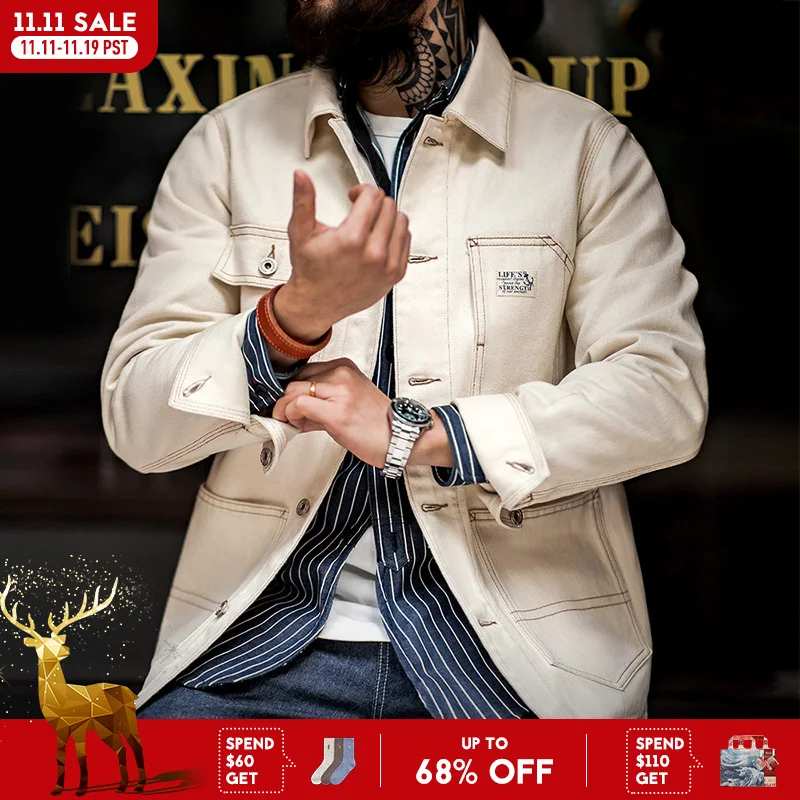 

Maden Мужская винтажная классическая рабочая куртка с четырьмя карманами и пятью пуговицами мужская бежевая куртка для весны и осени универсальная хлопковая куртка
