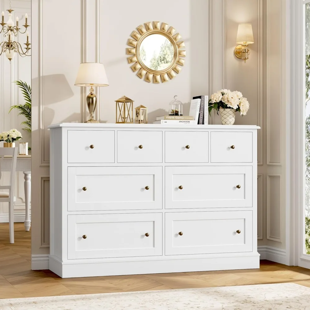 Cômoda branca elegante com 8 gavetas, cômoda de armazenamento espaçosa, 47,2 de comprimento com gavetas profundas