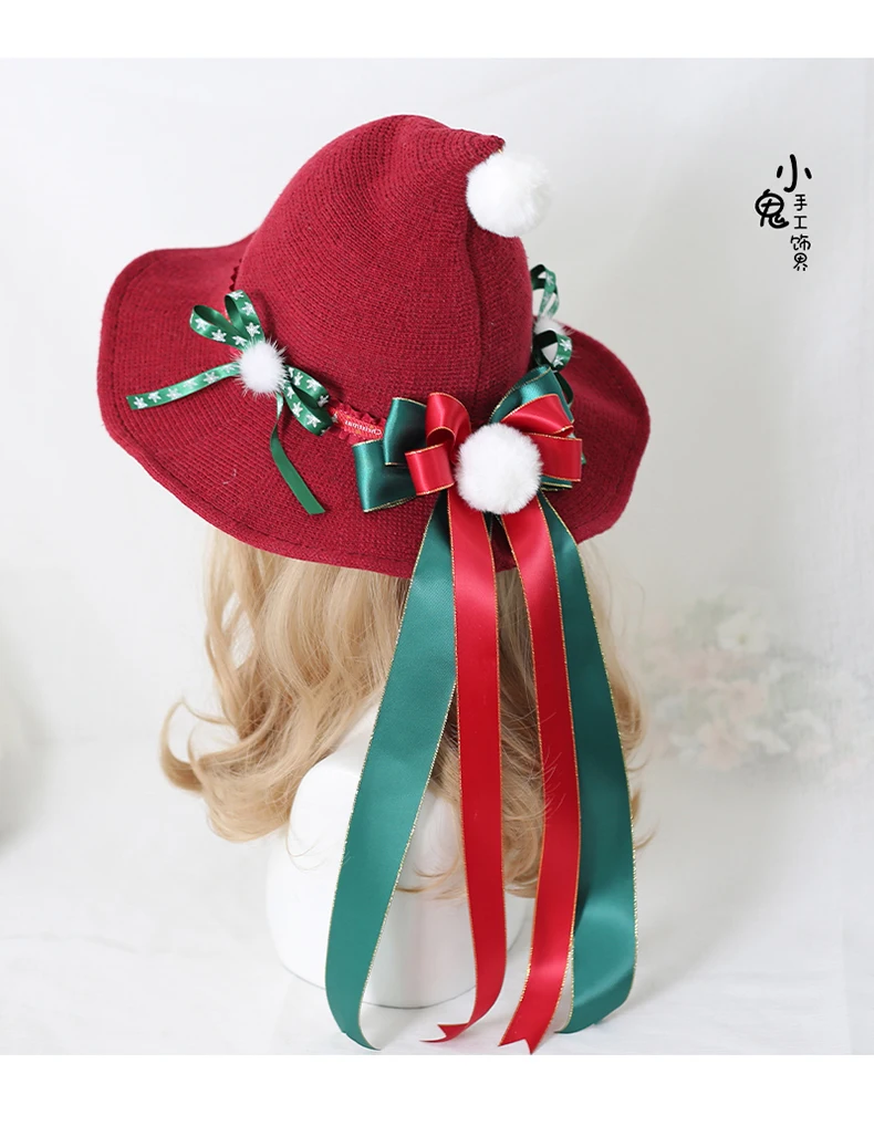 الأصلي الحلو ولطيف لوليتا شعري قبعات الساحرة القوس الكبير قبعة الساحرة قبعات عيد الميلاد للنساء قبعة عيد الميلاد #4