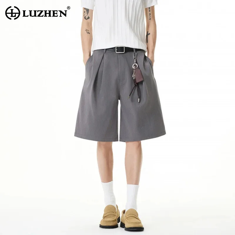 LUZHEN 2026 Summer New Solid Color Simple Pleated Design Five-pointed Pants Men's Fashion Handsome Loose Straight Shorts JY6404
