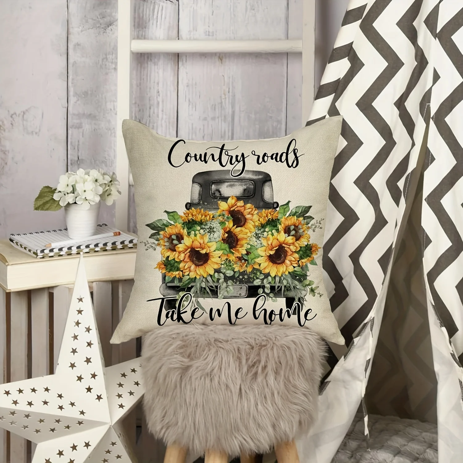 Country Rustic Sunflower Truck Pillow Cover 1pc, Farmhouse Linen Throw Pillowcase With Zipper 45X45cm