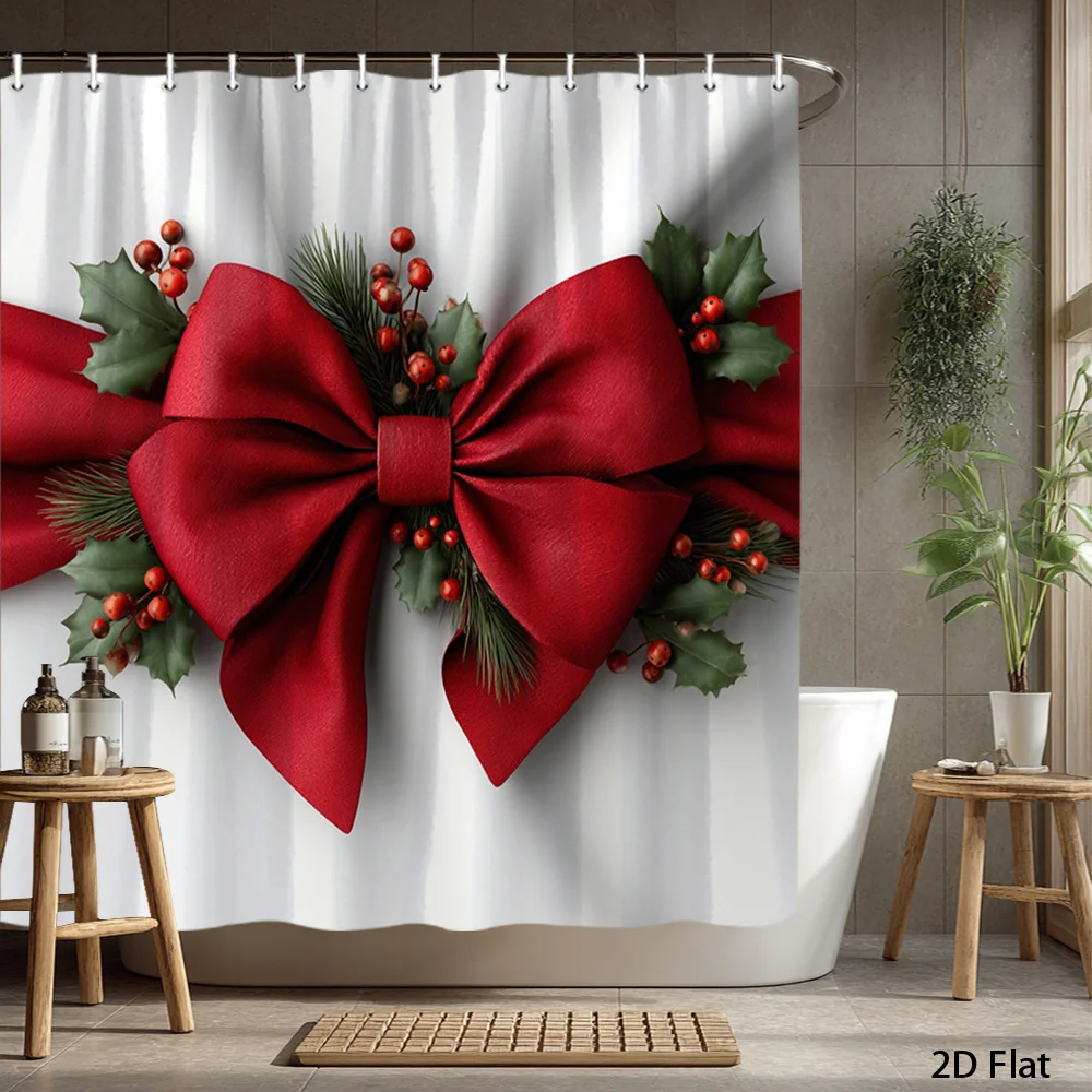 2D Flat, 1pc 2D Flat Christmas Shower Curtain Elegant Red Bow with Holly and Berries Holiday Theme Bathroom Decor Bath Hanging Curtain Set 70.8x70.8 Inch with Hook for Festive Decoration, 2D Flat