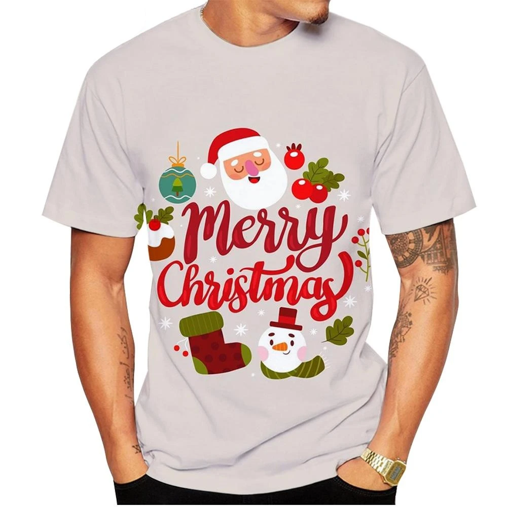 Cartoon Santa Claus Print T Shirt For Men Casual O-neck Shorts Sleeve Tops New Year Gift Children Clothing Fashion 3D X'mas Tees