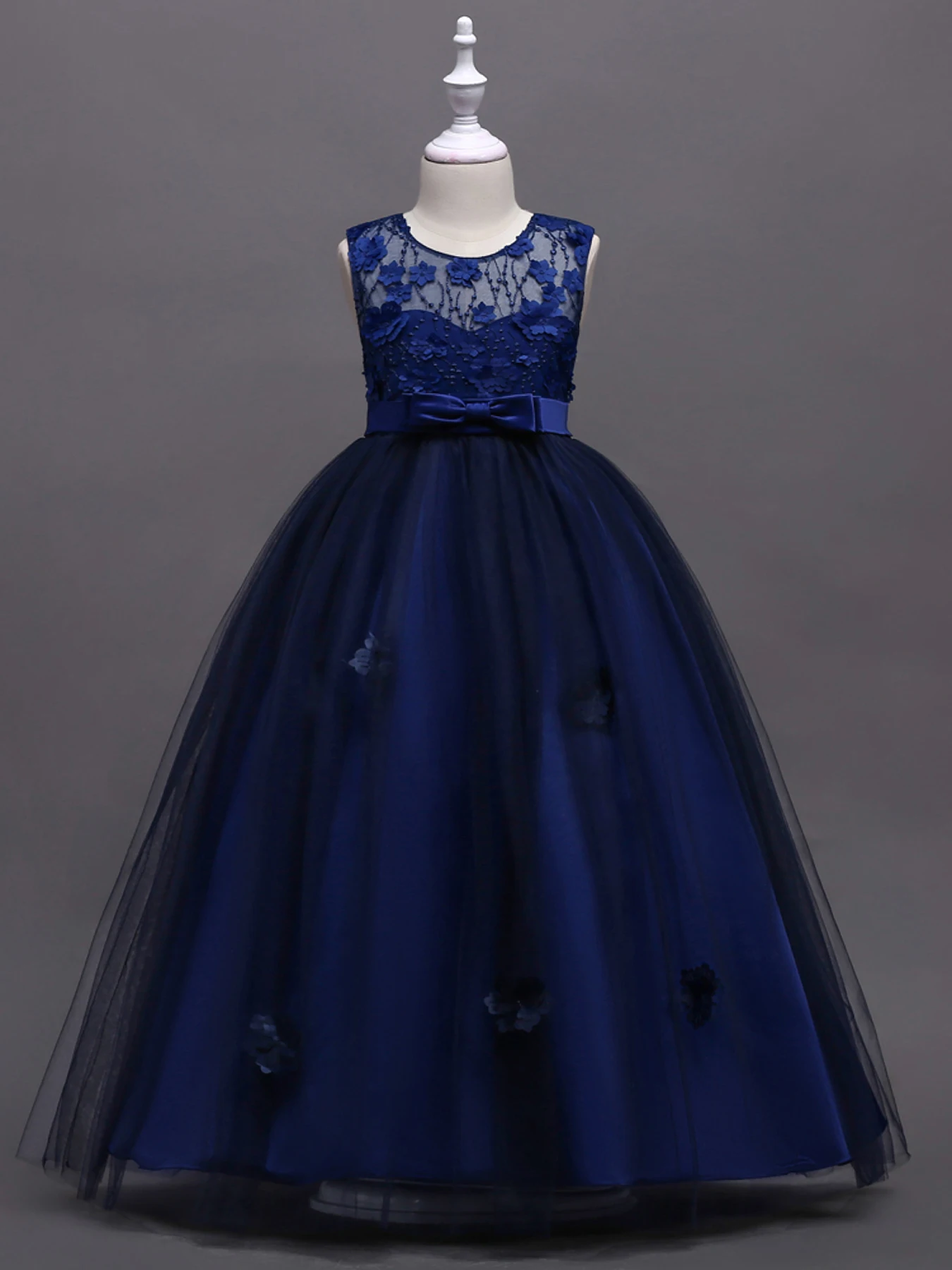 

Dark blue European and American Hot selling Children's Flower Dress Lace Sleeveless Flower Girl Princess Dress Girl Bow Dress