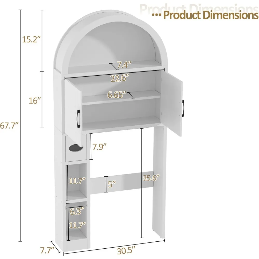 خزانة تخزين الحمام فوق المرحاض، منظم على شكل قوس مع ميزة ثابتة ورفوف قابلة للتعديل