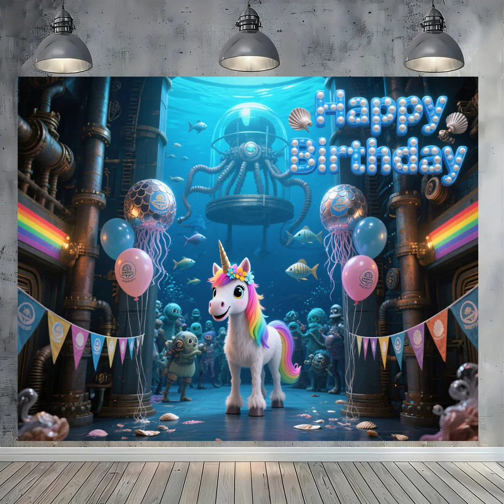 Pirate Birthday Vinyl Backdrop Happy Birthday Pearl Letters Unicorn Pirates Parrots Treasure Cave Photography Background